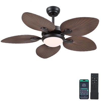 Kviflon 44 Inch Tropical Palm Leaf Ceiling Fan with LED Lights, Outdoor Ceiling Fans for Patios Porch, Reversible Quiet Motor, Dimmable, Light Brown