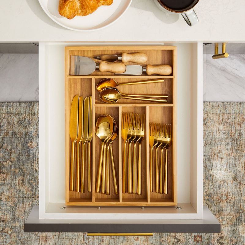 Juvale Narrow Bamboo Silverware Drawer Organizer, Wooden Cutlery Tray Holder for Utensil Storage with 6 Slots, 14.5 x 10.25 x 1.75 Inches, 4 of 9