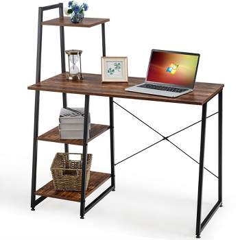 Costway Computer Desk with Shelves Study Writing Desk Workstation with Bookshelf Natural\Brown