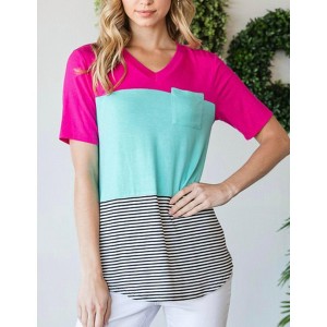 Women's Fuchsia and Mint Color Block Stripe Tee - HEIMISH USA - 1 of 1