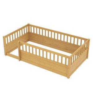 SEVOBAL Kids Bedroom Twin Floor Bed Frame With Fence Montessori Wooden Design No Box Spring Needed for Bedroom Playroom, Brown, 78.94"*13.78"*6.5" - 1 of 4