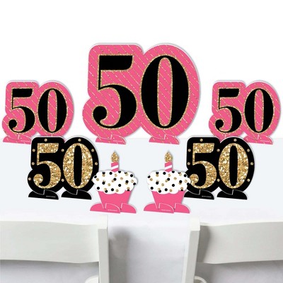 Big Dot of Happiness Chic 50th Birthday - Pink, Black and Gold - Birthday Party Centerpiece Table Decorations - Tabletop Standups - 7 Pieces