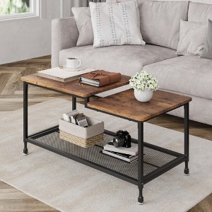 Coffee table, two-tiered rustic center table with grid shelf, industrial style living room table, cocktail table with adjustable feet - 1 of 4