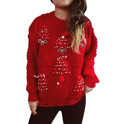 Women's Christmas Sweater with Handmade Pearl & 3D Flocking Holiday Designs - Festive Xmas Party Pullover
