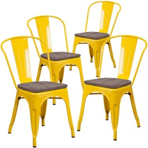 Emma and Oliver 4 Pack Metal Stackable Chair with Wood Seat - 1 of 4