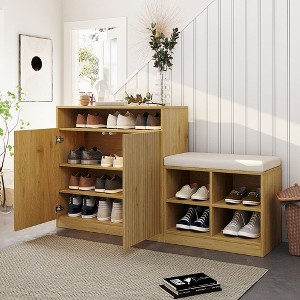 KWPZQEB Shoe Cabinet with Bench, Entryway Bench w/ Doors & Adjustable Shelves, Unique L-Shaped Bench Cabinet w/ Removeble Cushion for Hallway - 1 of 4