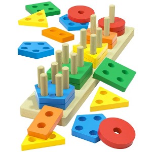 Etokfoks Montessori Wooden Shape Sorter Toy 20 Piece Set for Toddlers 5 Geometric Shapes and Colors Educational Stacking Toy Ages 1 2 3 - 1 of 4