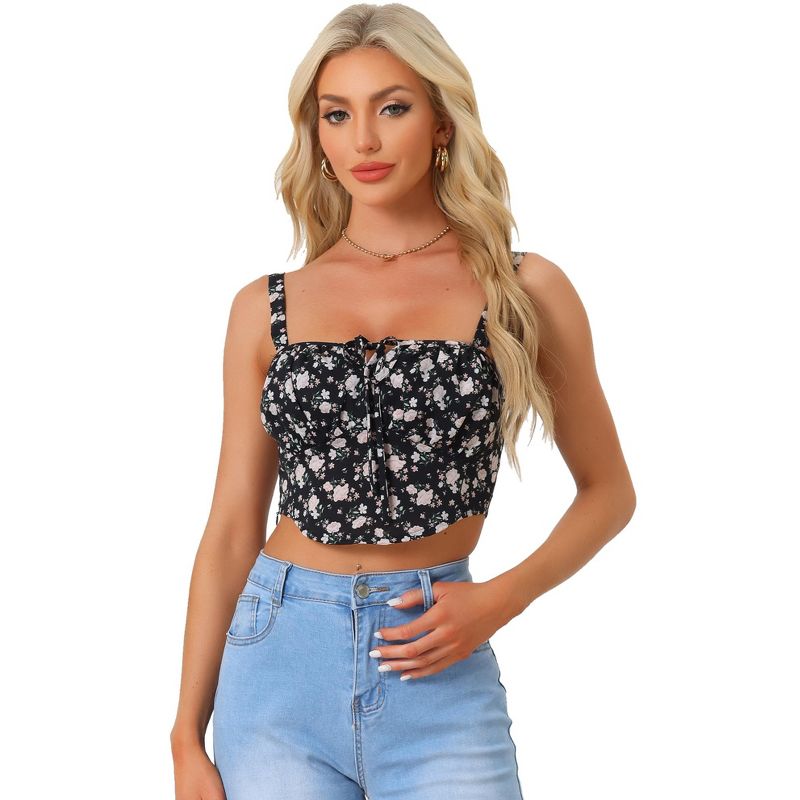 Allegra K Women's Sweetheart Neck Floral Printing Smocked Back Cropped Cami Top, 1 of 6