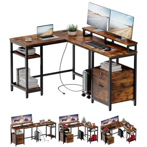Jojoka L Shaped Desk, Reversible Office Desk with File Drawer, Corner Desk with Storage, Power Outlet, Monitor Shelf - 1 of 4