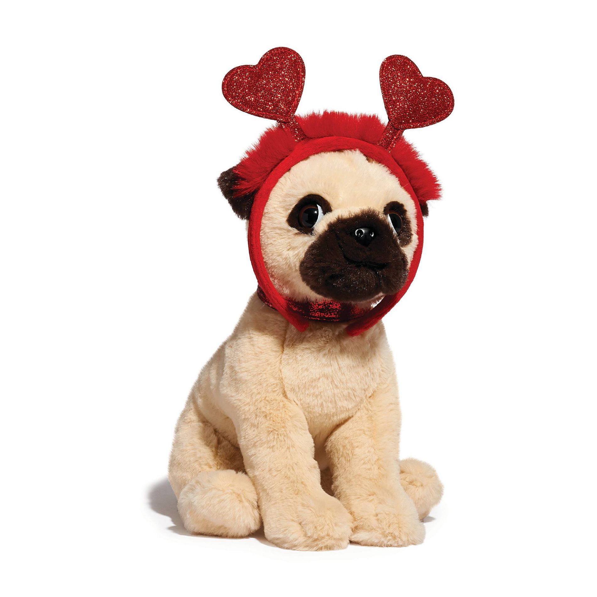 FAO Schwarz 12" Sparklers Toy Plush Pug with Removable Red Heart Boppers