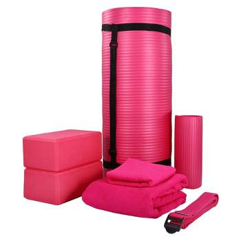 BalanceFrom Fitness 7-Piece Home Gym Yoga Set with 1-Inch Thick Yoga Mat, 2 Yoga Blocks, Mat Towel, Hand Towel, Stretch Strap & Knee Pad, Pink