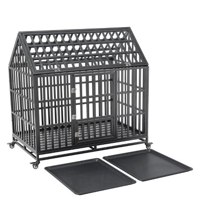 GustoWave 47" Heavy-Duty Dog Crate - Metal Kennel with Roof & Window, Lockable Wheels, Large Pet Playpen with Ventilation, Black.