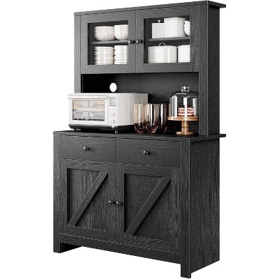 Farmhouse Pantry Cabinet, Kitchen Pantry Storage Cabinet with Microwave Stand, Rustic Buffet Sideboard with Sliding Door, Freestanding Cupboard