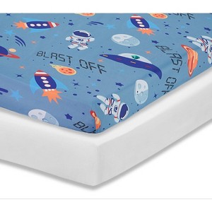 Everyday Kids 2-Pack Fitted Boys Crib Sheets, Soft Microfiber, Fits 28x52 Crib Mattress, Breathable Baby Bedding – Space & White Nursery Sheets - 1 of 4