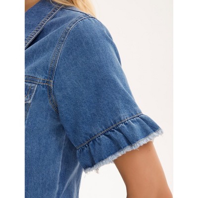 INSPIRE CHIC Women's Turndown Collar Short Sleeve Denim Lightweight Ruffle Cropped Jean Jacket Small Blue — фото 4