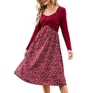 Women's Maternity Dress Long Sleeve Vintage Floral Patchwork Dress Flared A-Line Swing Casual Party Midi Dress - 1 of 4