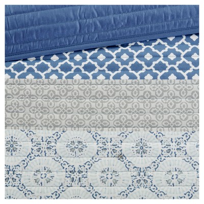 Blue Geometric Reversible Cotton Full Quilt Set