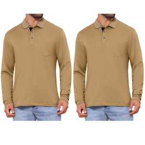 INSPIRE CHIC Men's Contrast Button Collared Pocket Long Sleeve Golf Polo T-Shirts 2 Packs - 1 of 4