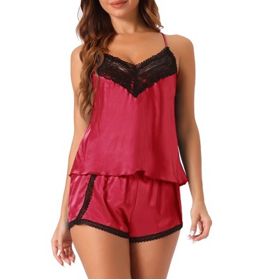 cheibear Women's Satin Lace Camisole Top and Shorts Pajama 2 Piece Sets
