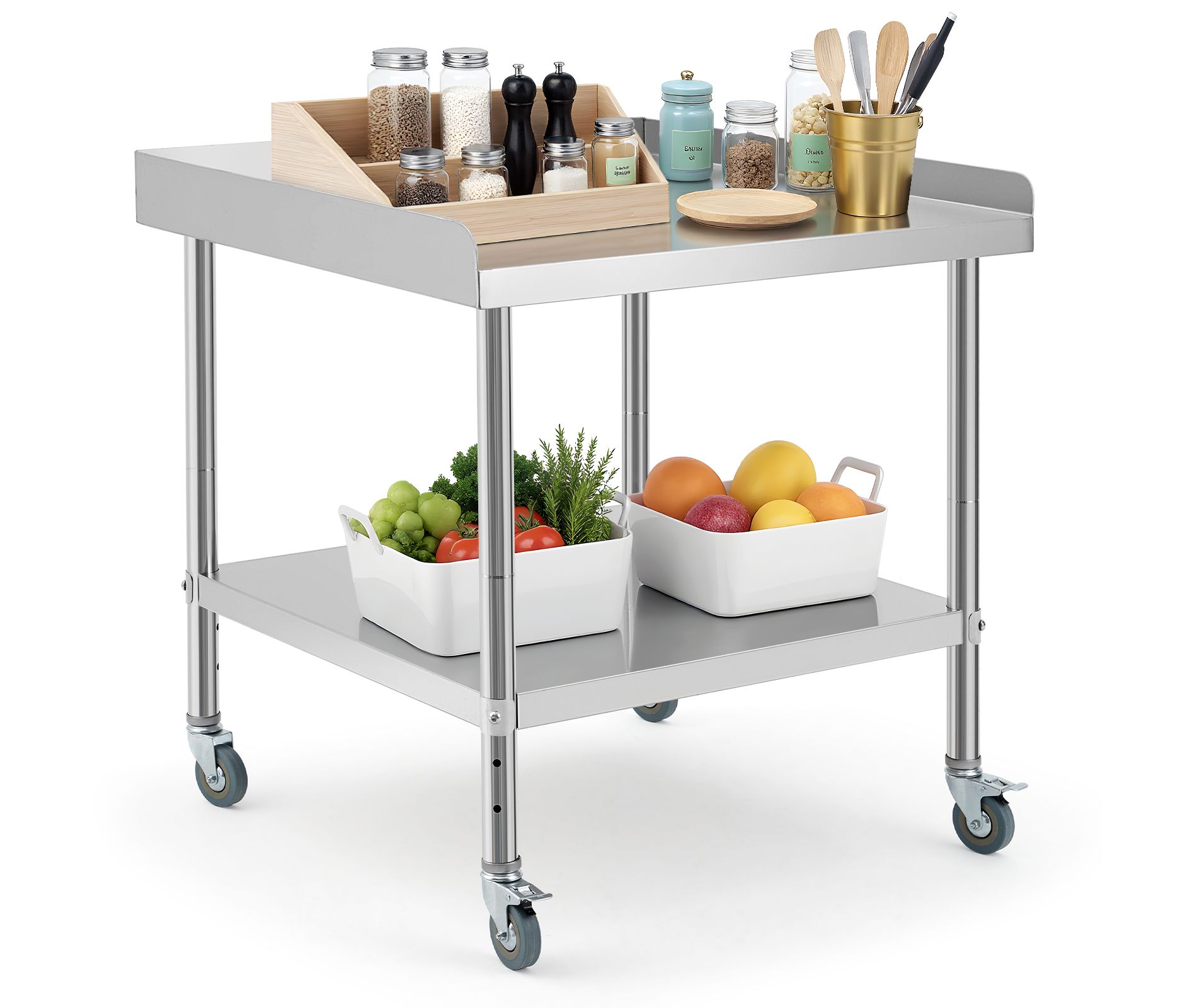 Stainless Steel Table,Prep Table w/ Non-Removable Backsplash&4 Wheels for Kitchens&Restaurants,30 * 30 * 30Inch