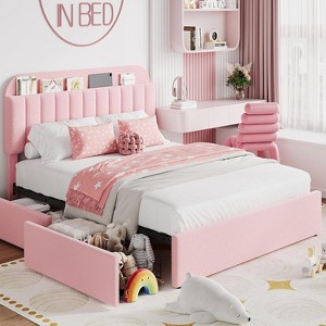 Bed Frame with Storage Fabric Upholstered Headboard, Upholstered Platform Bed with 2 Drawers and Bookcase, No Box Spring Needed,for Small Space - 1 of 4
