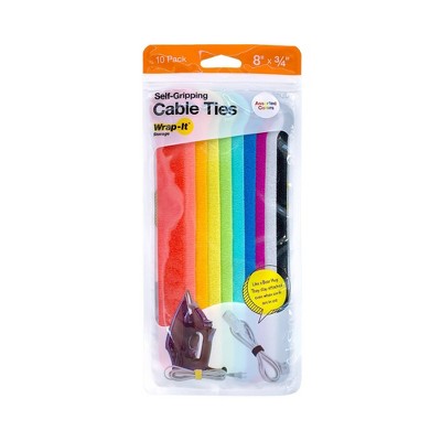 Wrap-It 10pk Self Gripping Cable Ties 8" Multi-Color: Cord Organizer & Cable Management Solution