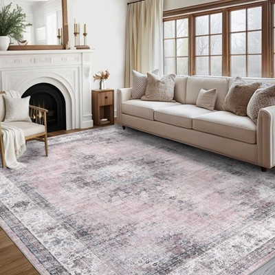 Large Vintage 10 x 13 Washable Medallion Accent Rug with Non-Slip Backing, Foldable Distressed Low Pile Area Rug for Living Room Dining Room Playroom