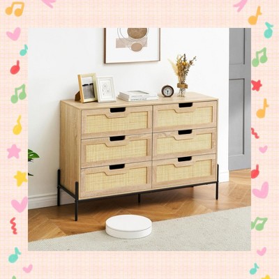 Garvee Chic 6 Drawer Dresser – 47'' Farmhouse Chest of Drawers with Elegant Rattan Design and Metal Legs, Perfect for Bedroom