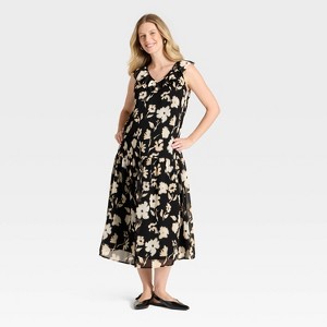 Flutter Short Sleeve Drop Waist Maxi Maternity Dress - Isabel Maternity by Ingrid & Isabel™ Black/Cream Floral - 1 of 3