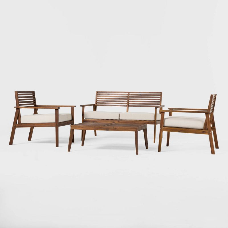 Saracina Home 4pc Mid-Century Modern Slatted Acacia Outdoor Patio Conversation Furniture Set, 5 of 9