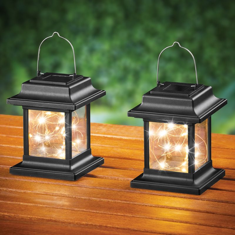 Collections Etc Solar String Light Lanterns with Hanging Hooks - Set of 2 4.25 X 4.25 X 5.25 Black, 2 of 3