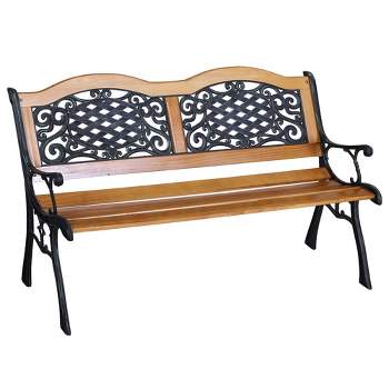 Outsunny 50" Outdoor Garden Bench, Park Style Patio Bench with a 2 Person Loveseat Design, Wood & Metal with Antique-like Flourishes, Teak