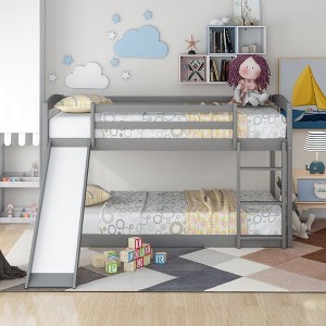CAVINAS Twin over Twin Bunk Bed Pine Bed Frame with Full-length Guardrail, Slide and Ladder, Space Saving, Gray - 1 of 4