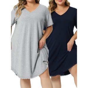 Agnes Orinda Women's Plus Size Solid V Neck Short Sleeve Lace Trim Hem Nightgowns - 1 of 4