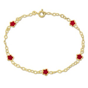 EVERLY JEWELRY | 14K Yellow Gold Pink Enamel Flower Charm Station Bracelet, 7 inch - 1 of 4