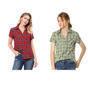 Allegra K Women's Classic Short Sleeve Button Down Plaid Shirt 2 Pcs - 1 of 4