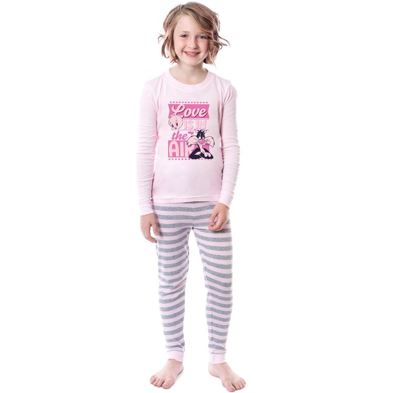 Looney Tunes Girls' Tweety Bird Love Child 2 Piece Tight Fit Pajama Set Pink, 1 of 4