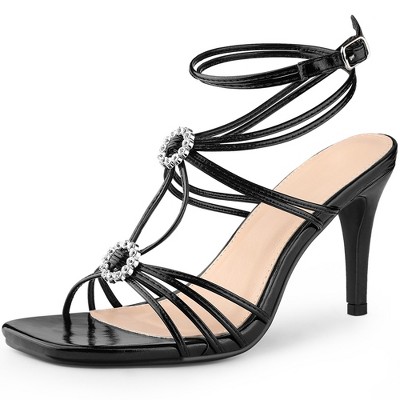 Perphy Women's Slingback Rhinestone Square Toe Ankle Strap Stiletto Heel Sandals