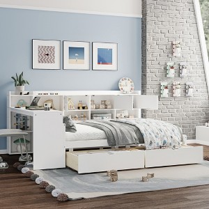 KTMBDW Twin/Full Size Daybed with 3 Storage Cabinets and 2 Drawers, Wooden L-Shape Daybed Frame with Study Desk and Built-in Bookshelf for Bedroom - 1 of 4