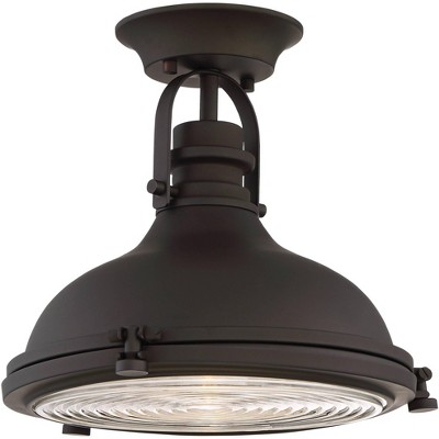 Bronze Dome 14" Industrial Semi-Flush Mount with Clear Ribbed Glass