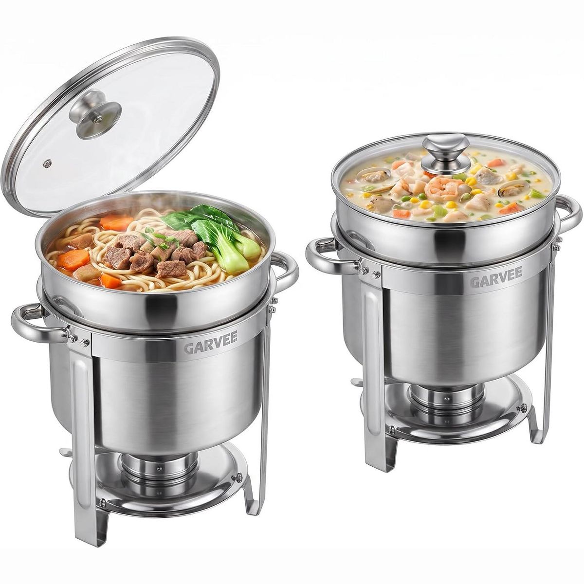 7/11 QT Stainless Steel Soup Chafer Warmer with Clear Lid & Fuel Holder, Commercial Round Buffet Server Food Warmer for Catering, Parties, Events