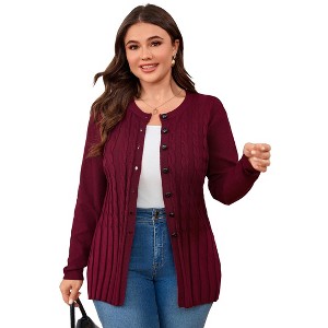 Womens Plus Size Cardigan Sweaters Crew Neck Button Down Open Front Long Sleeve Pleated Hem Casual Fall Knit Cardigan Coat - 1 of 4