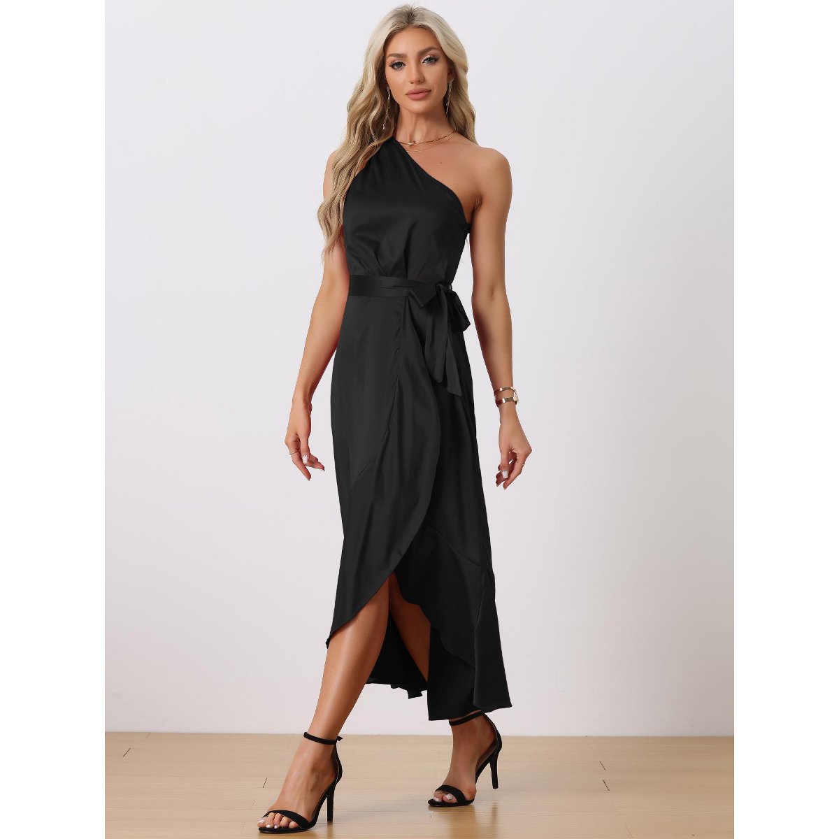 Женские платья INSPIRE CHIC Women's Satin Sleeveless One Shoulder Belted Split Ruffle Evening Cocktail Dress Black Small — фото 5