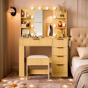 Buenhomino Makeup Vanity Desk with Mirror & Lights, Modern Vanity Table with Charging Station & Cushioned Stool, Bedroom Dressing Table Set,Oak - 1 of 4