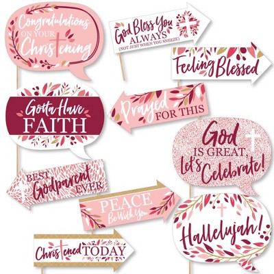 Big Dot of Happiness Funny Christening Pink Elegant Cross - Girl Religious Party Photo Booth Props Kit - 10 Piece