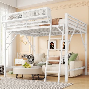 Ridstar 77.6 in. W Full Size Metal Loft Bed with Ladder & Storage Shelves for Kids & Teens-White - 1 of 4