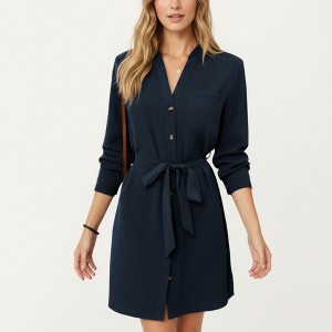 Anna-Kaci Women’s Long Sleeve Button Front Dress with Soft Drape Tie Waist Detail and Smooth Structured Collarless Neckline Finish - 1 of 4