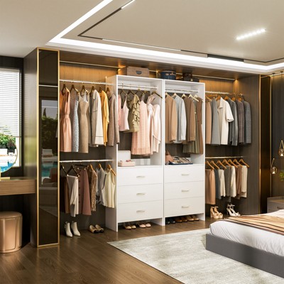 Aheaplus Set of 2 Closet System with 6 Drawers and 6 Hanging Rods, Adjustable Clothes Organizer