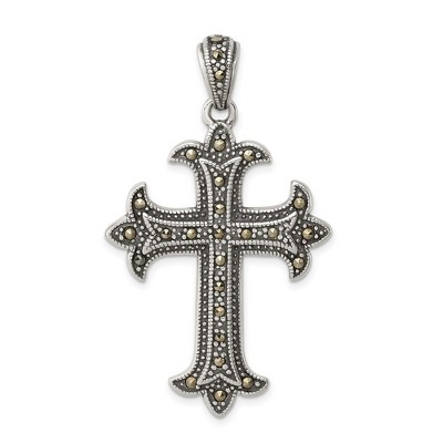Black Bow Jewelry Sterling Silver and Marcasite Antiqued Fleur de Lis Cross Pendant