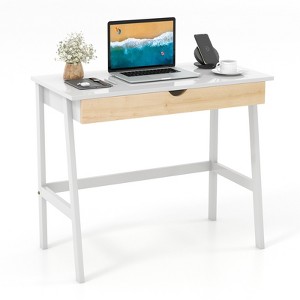 Tangkula White Computer Desk with Storage Wood Modern Writing Desk Large Drawer & Rubber Wood Legs Study Desk for Small Space - 1 of 4
